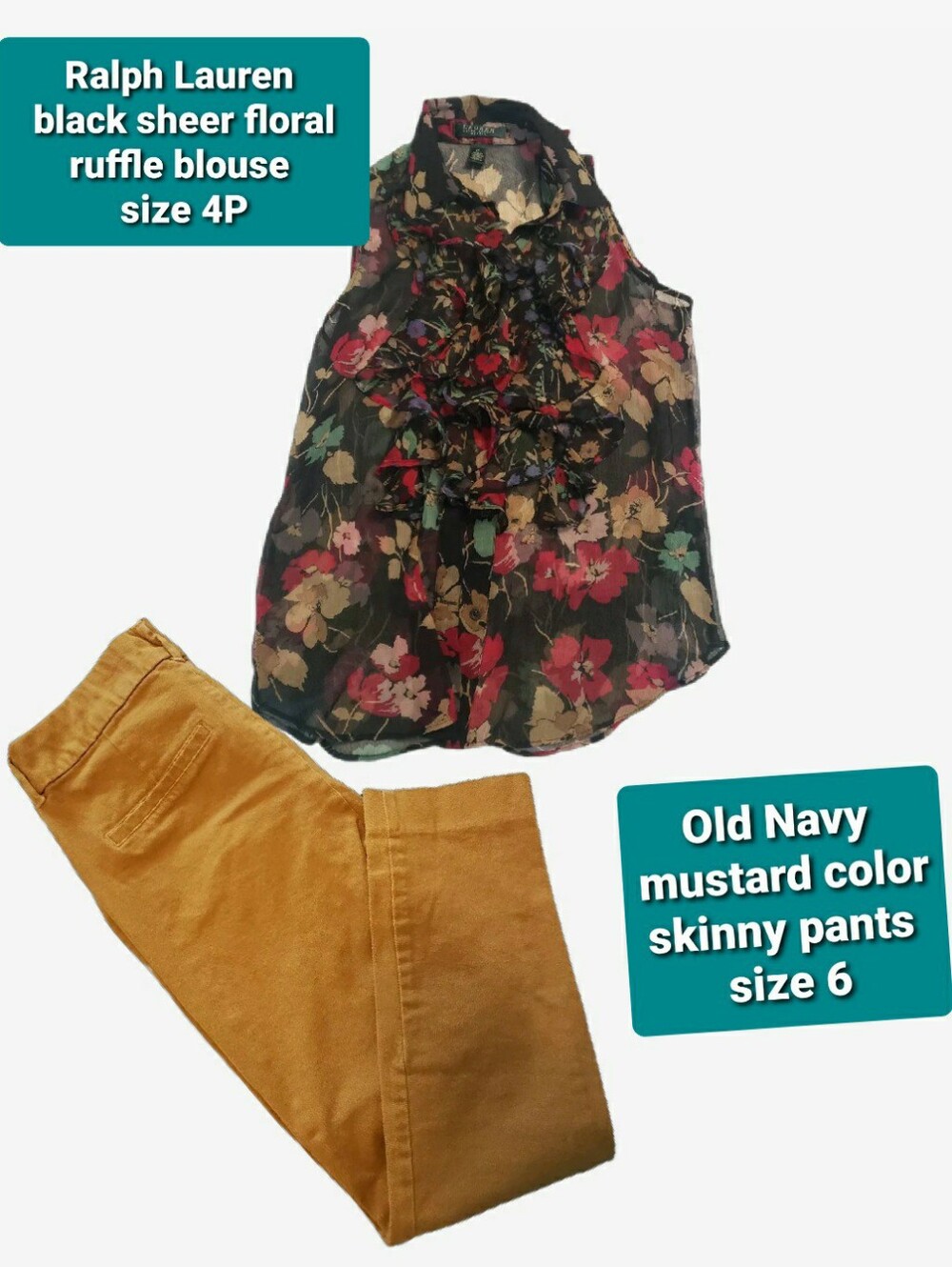 $20 Outfit Ralph Lauren Black Sheer Floral Ruffle Sleeveless Blouse And Pants